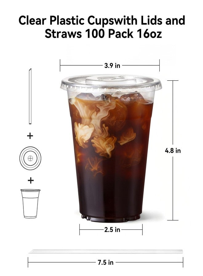 EUHOMY 100 Pack - 16 oz Clear Plastic Cups with Lids and Straws, Sturdy & Food Safe Iced Coffee Cups with lids, Disposable Plastic Smoothie Cups for Cold Drinks - Image 2